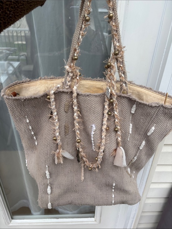 Ancient Greek Sandals Handbags - Ancient Greek Sandals Taupe Boho Beaded Braided Handles BOHO VASO TOTE BAG